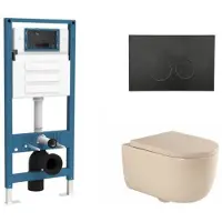 Qeramiq Dely Swirl Toiletset - inbouwreservoir Flush - 35mm zitting - metaal mat zwarte bedieningsplaat - ronde knoppen - beige SW1026259/SW1448813/SW1000771/SW706192
