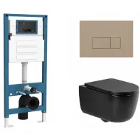 Qeramiq Dely Swirl Toiletset - inbouwreservoir Flush - slim zitting - kunststof taupe bedieningsplaat - rechthoekige knoppen - mat zwart SW1026258/SW1448813/SW1000768/SW1102379