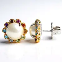 Cavill - Zilveren Oorbellen met 9mm Mabe Parels en Edelstenen - 925 Sterling Zilver Palladiumlaag - Citrien, Rhodoliet, Granaat, Topaas