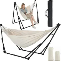 Famanu – Hangmat met frame, outdoor hangmat, opvouwbaar en verstelbaar, stabiel hangmatframe, 231 x 89 cm, tot 200 kg, voor tuin, balkon, camping, indoor, met draagtas, meerkleurig (kaki