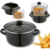 Tadar Geëmailleerde Friteuse Set 3,2L | Friteuse met zeefinzetstuk en glazen deksel | Geschikt voor inductie en gas | Veelzijdig kookgerei voor gebak en vlees | S