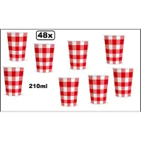 Wefiesta 48x Beker boerenbont rood/wit 210ml karton - Drinken Oktoberfest geruit rood/wit BBQ thema feest verjaardag feest