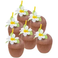 Boland Kokosnoot drinkbeker - 6x - hawaii thema - met rietje - 12 x 16 cm - 400 ml - Tropisch feest accessoires
