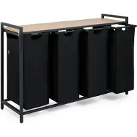 ALLVIA Wasmand 4 Vakken - Wasbox - Wassorteerder - met Plank in Bamboe-Look - met Metalen Frame in Zwart - Zwart - 36cm x 111cm x 73cm