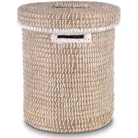 Famanu – Wasmand met deksel van zeegras, gevlochten mand voor wasgoed, speelgoed en dekens, rond en groot, duurzaam en robuust, 37 cm x 43 cm