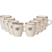Excellent houseware Siaki koffie kopjes Barista Cafe - 8x stuks - creme wit - 220 ml - mokken - keramiek - 10 cm - met koffie thema teksten