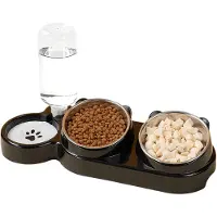 Famanu – 3-in-1 kattenvoer- en waterbakset, gekantelde roestvrijstalen kommen met standaard, dubbele voerbak met waterdispenser, zwart