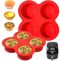 Famanu – Set van 2 siliconen muffinvormpjes voor Airfryer, 4-gaats vormpjes voor muffins, cupcakes en quiches, rood, 12 x 8 cm