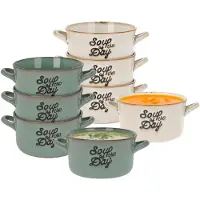 Excellent houseware Soepkommen set - 8x - beige/groen - 500ml - porselein - met oren