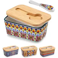 Famanu – Botervloot met deksel van keramiek, 16,5 cm, grote botervloot voor aanrecht, met mes en bamboedeksel, ideaal voor het bewaren van boter