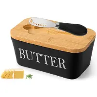 Famanu – Botervloot met houten deksel, keramische botervloot met botermes, multifunctionele boterbox, porselein, 250 g boterschotel, voor huishouden en keuken, zwart