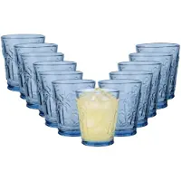 Vivalto Drinkglazen Tropical Palms - waterglazen - blauw transparant - glas - set 12x stuks - 290 ml - stapelbaar