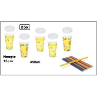 TakeAware 25x Milkshake beker Relax geel 450ml + 25x deksel + 25x rietjes color - Karton - Drinken beker thema feest festival evenement fun diner milkshakebeker