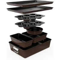 Famanu – Bakvormenset van 8 delen, stapelbare anti-aanbak bakset, -vrij, ovenbestendig tot 230°C, ideaal voor taarten, muffins, brood en meer, bruin