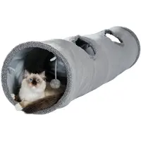 Famanu – Leuke opvouwbare kattentunnel met bal, ritselende tunnel, speeltunnel voor katten, 130 cm x 30 cm, grijze tunnel voor huiskatten