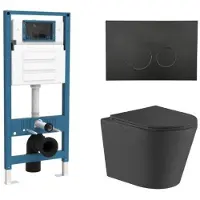 Qeramiq Dely Toiletset - inbouwreservoir Flush - slim zitting - metaal mat zwarte bedieningsplaat - ronde knoppen - mat zwart SW1026253/SW1448813/SW1000768/SW706192