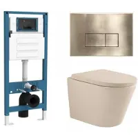 Qeramiq Dely Toiletset - inbouwreservoir Flush - 35mm zitting - metaal messing geborstelde bedieningsplaat - rechthoekige knoppen - beige SW1000764/SW1448813/SW1000771/SW706201