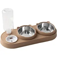 Famanu – 3-in-1 kattenvoer- en waterbakset, roestvrijstalen kattenkommen met gekantelde standaard, dubbele kattenvoerbak met waterdispenser, voerstation voor huisdieren, verhoogd voor binnenkatten