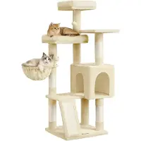 Markenlos – Krabpaal voor katten met oprijplaat, 3 grote platforms, mandje en 2 pluche ballen, 136 cm hoog, zandbeige