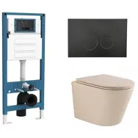 Qeramiq Dely Toiletset - inbouwreservoir Flush - slim zitting - metaal mat zwarte bedieningsplaat - rechthoekige knoppen - beige SW1000764/SW1448813/SW1000770/SW706193