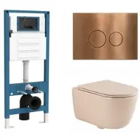 Qeramiq Dely Swirl Toiletset - inbouwreservoir Flush - slim zitting - metaal koperen bedieningsplaat - ronde knoppen - beige SW1026259/SW1448813/SW1000770/SW706196