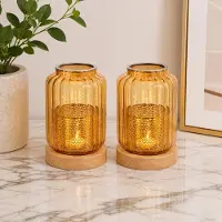 Famanu – Set van 2 amberkleurige windlichten met strepen van glas, moderne kandelaars voor stompkaarsen, inclusief netafdekking, netzak en pincet, perfect voor tafeldecoratie en woonkamerdecoratie