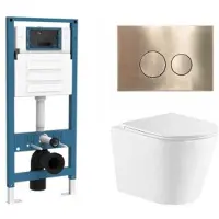 Qeramiq Dely Toiletset - inbouwreservoir Flush - slim zitting - metaal messing geborstelde bedieningsplaat - ronde knoppen - mat wit SW1026254/SW1448813/SW1000766/SW706200