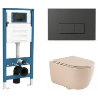 Qeramiq Dely Swirl Toiletset - inbouwreservoir Flush - slim zitting - kunststof mat antraciete bedieningsplaat - rechthoekige knoppen - beige SW1026259/SW1448813/SW1000770/SW1102377