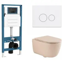 Qeramiq Dely Swirl Toiletset - inbouwreservoir Flush - slim zitting - metaal mat witte bedieningsplaat - ronde knoppen - beige SW1026259/SW1448813/SW1000770/SW706190