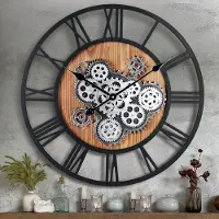 Famanu – Grote industriële wandklok van hout met draaiende tandwielen, rond 57 cm, met Romeinse cijfers, decoratieve muurklok voor woonkamer, slaapkamer en bar