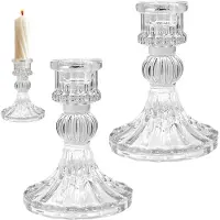 Famanu – Set van 2 glazen kandelaars, diamanten staaf, transparante luxe kandelaar voor huisdecoratie