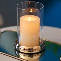 Famanu – Helder glazen kaarshouder in cilindervorm met metalen dienblad, decoratief voor schouw en eettafel, goudkleurig