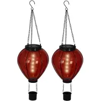 Lumineo solar luchtballon lantaarn - 2x - rood - H26 x D14 cm - kunststof - vlam effect - tuinverlichting