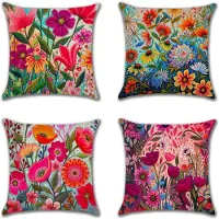 Famanu – Kussenslopen set van 4, 40 x 40 cm, linnen met kleurrijke bloemen, decoratieve kussens voor woonkamer, slaapkamer en tuin