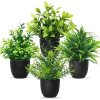 Famanu – Kunstplanten met pot, set van 4 kleine groene planten, decoratieve kunststof planten voor binnen, ideaal voor kantoor, huis, slaapkamer, woonkamer en badkamer (met zwarte pot