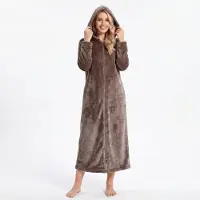 Gaubert Extra Lange Dames Rits Badjas met Capuchon en Zijzakken - Ochtendjas - Superzacht Coral Fleece - Koffiebruin - Maat XXL/3XL - 8206-Coffee