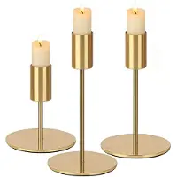 Famanu – Set van 3 gouden kaarsenhouders voor staafkaarsen van metaal, 8,5/14/16 cm hoog, tafeldecoratie voor bruiloften, verjaardagen en diners