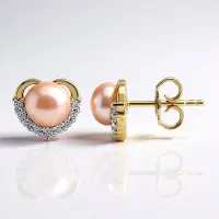 Cavill - Zilveren Oorbellen - 925 Sterling Zilver Verguld - Perzikkleurige Zoetwaterparels 6,5mm - Zirkonia Accenten - Elegante Ronde Oorbellen