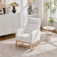 MODFU -Schommelstoel-Bouclé-Wit-Houten Onderstel-Verstelbare Voetensteun-Armleuningen