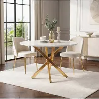 STILVORA Eettafel met ronde tafelblad in marmerlook, salontafel met vergulde poten, bijzettafel in moderne, minimalistische stijl, goud + wit