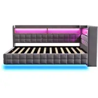 OKWISH Dagbed 90x200 met LED-verlichting en opbergruimte, gestoffeerd bed met USB- en Type-C-aansluitingen, fluweelstof, kinderbed in donkergrijs, zonder matras