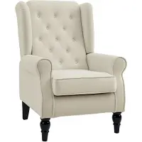 HOMCOM Eenpersoons Relaxstoel - Oorfauteuil met Knopen en Houten Poten - Crèmekleurig