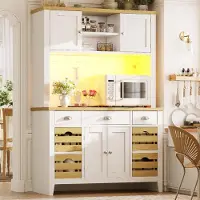 OKWISH keukenkasten met RGB-LED-verlichting, keukenkast met manden en lades, hoge kast met verstelbare planken, wit