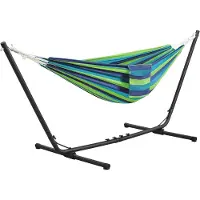 Famanu – Hangmat met metalen houder voor de tuin, draagbaar en in lengte verstelbaar voor 2 personen, duurzaam staal, blauw en groen gestreept