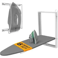 Famanu – Wandgemonteerde strijkplank met houder voor de strijkbout, compacte opvouwbare strijkplank van 91,9 x 31 cm, ruimtebesparend in wit en grijs