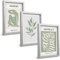 Wallfluent 3-Delige Schilderij Set - Matisse Design Aquarel Boho Planten - 20 x 30 cm - Muurdecoratie - Wanddecoratie - Hal - Interieur Decoratie
