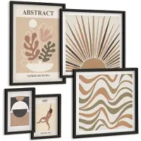 Wallfluent 5-Delige Schilderij Set - Stijlvolle Abstracties Met Plantmotieven En -Vormen. - 50 x 50 cm, 20 x 30 cm En 40 x 60 cm - Muurdecoratie - Wanddecoratie - Hal
