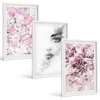 Wallfluent 3-Delige Schilderij Set - Delicate Peonies Zwart-Wit Portret Van Een Vrouw - 40 x 60 - Wanddecoratie - Muurdecoratie - Moderne Interieurdecoratie