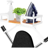 Famanu – Strijkplank, hanger, metaal, wandhouder, wasruimte, strijkijzer en strijkplankhouder met grote opbergruimte, houten sokkelmand en afneembare haken (T&V-vorm) (wit-1-geen haak
