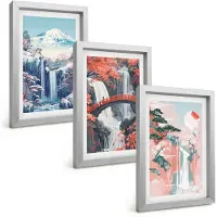 Wallfluent 3-Delige Schilderij Set - Watervallen, Bergen Met Een Brug En Bloeiende Bomen - 20 x 30 cm - Muurdecoratie - Decoratieve Schilderijen - Wohnzimmer